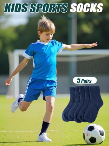Kids Crew Socks - Combed Cotton, Unisex, 5 Pairs, Small, Navy Blue