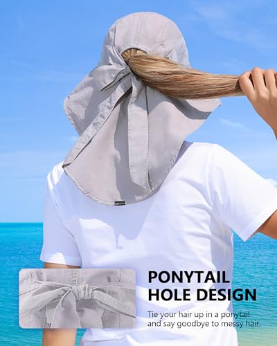 Women's Light Gray Wide Brim UV Sun Hat with Ponytail Hole & Neck Flap - One Size Outdoor Hat