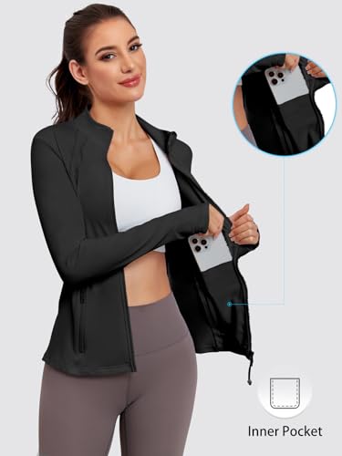 Women’s Fitted Athletic Jacket - Black Small | Zip Up Track Coat with Thumb Holes & Pockets