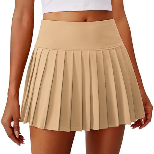 PINSPARK Light Khaki Large Pleated Tennis Skirt with Pocket - Athletic Golf Skort
