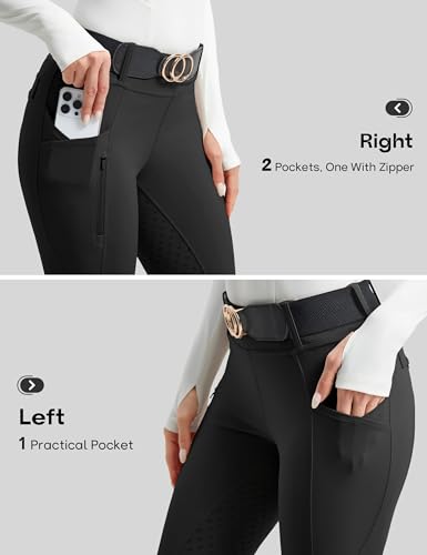 High Waist Horse Riding Pants - Full Seat Breeches with Pockets - Black, Medium