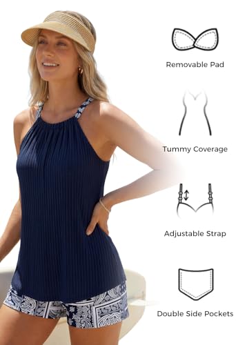 MODLILY Navy Large Ruched Round-Neck Tankini Swimsuit with Pocket Shorts