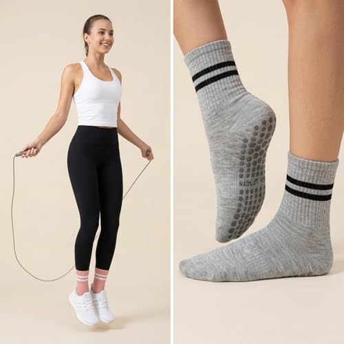 Grip Socks for Women - 6 Pairs Cute Ruffle Non-Slip Cotton for Yoga & Barre - Gray, White, Pink