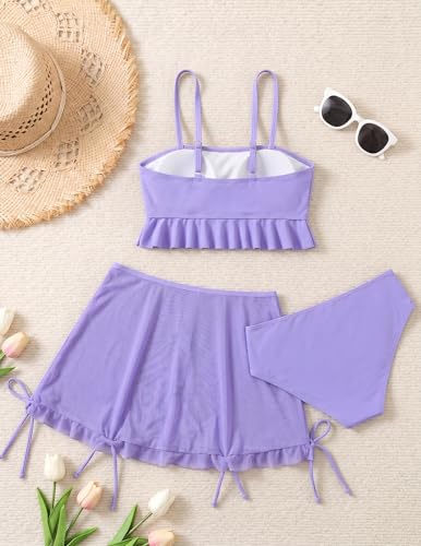 Girls 3 Piece Bathing Suit Set - Ruffle Cami Tankini, Swim Skirt & Bikini Bottom, Ages 15-16 - Purple