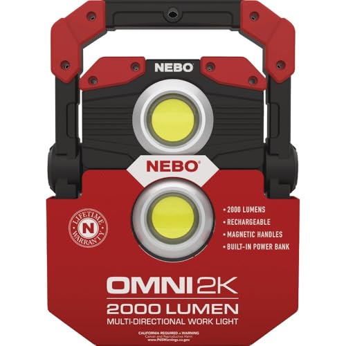 NEBO OMNI 2K Rechargeable Work Light - 2000 Lumens COB, 6 Modes, Magnetic Handles, Built-In Power Bank, Water Resistant, Portable Camping Lantern