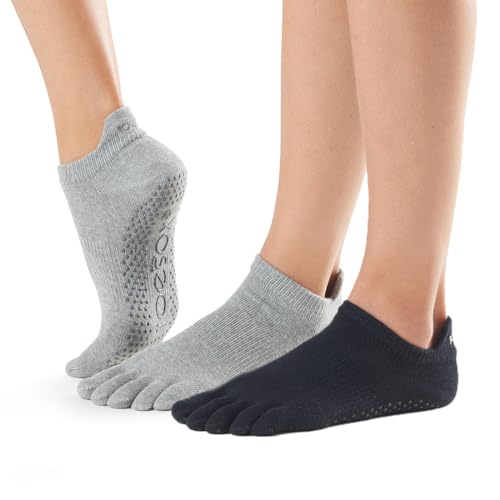Toesox Low Rise Grip Socks 2-Pack Medium Heather Grey/Black for Yoga & Pilates