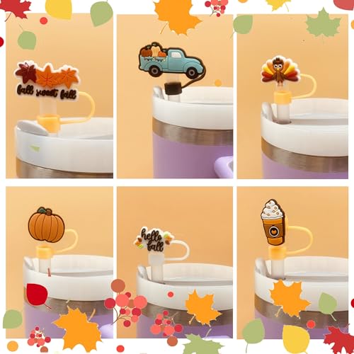 12pcs Fall Straw Toppers - Thanksgiving Silicone Covers for 10mm Straws
