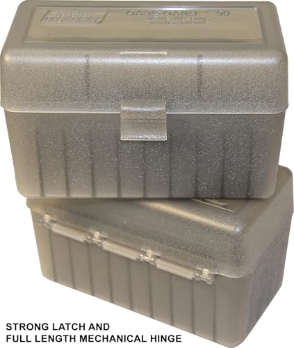 50-Round Rifle Ammo Box - Durable Polypropylene Storage - Clear Smoke