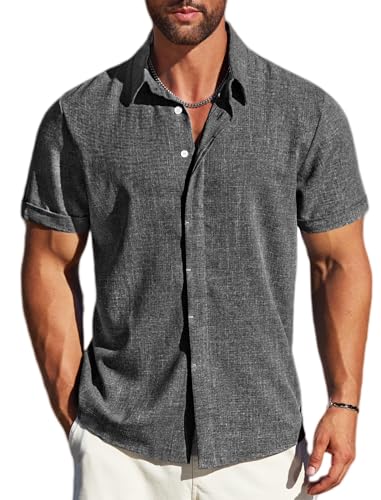 MAPICK Men's Linen Short Sleeve Shirt - Casual Untucked Fit, Dark Grey, Large