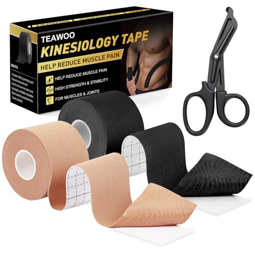 Kinesiology Tape - 2 Rolls (2in x 16.4Ft) - Waterproof, Hypoallergenic Athletic Tape for Muscle Support - Beige & Black
