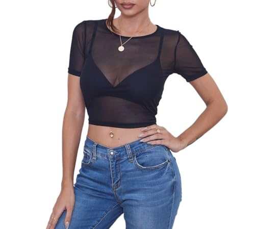 Sheer Mesh Crop Top - Women’s See-Through T-Shirt - Small Black
