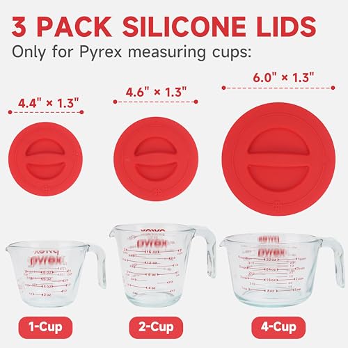 Purekra 3 Pack Silicone Replacement Lids for Pyrex 1-Cup, 2-Cup & 4-Cup Measuring Cups, Food-Grade & Dishwasher Safe