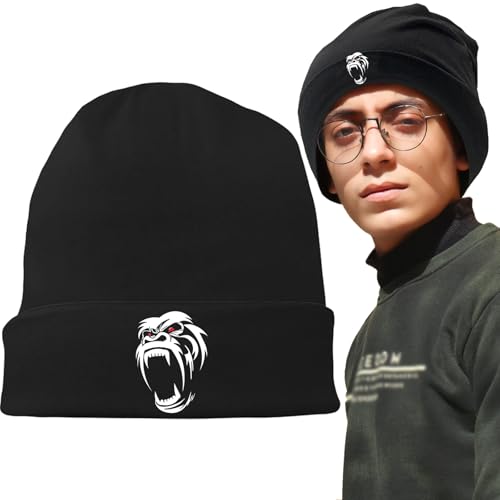 Black Knit Beanie Hat - Winter Warm Knitted Cap for Men & Women - Chimpanzee Roars