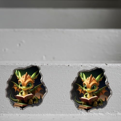 Dragon Reading in Wall Hole Decal, 3D Wall Sticker, 5 in, Pack of 2 (Green)