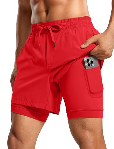 CRZ YOGA 2-in-1 Running Shorts with 7'' Deep Red Liner, Lightweight & Quick-Drying