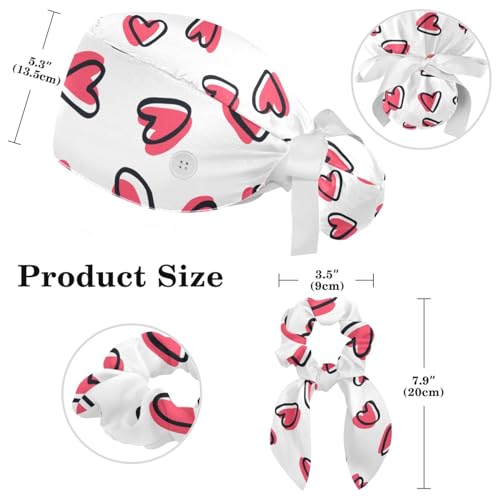 Adjustable Pink Hearts Scrub Cap with Buttons & Bow Scrunchy - Multicoloured 13