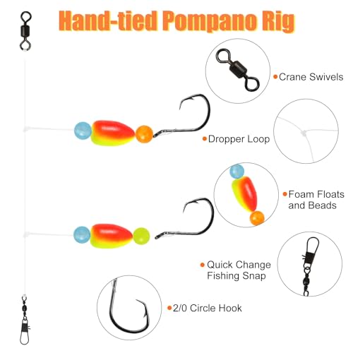 Pompano Rigs for Surf Fishing - Pre-Rigged with Floats & Hooks - 5 Colors, 5pcs