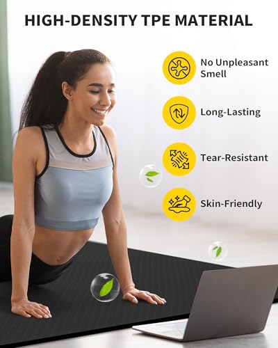 Large Yoga Mat 72''x48'' - Extra Thick Non-Slip TPE - Black 6mm