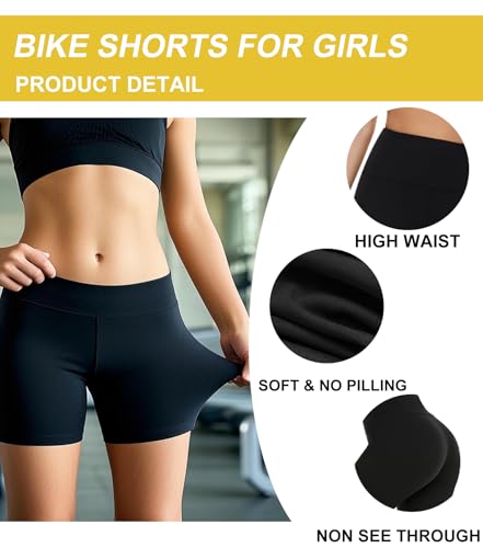 High Waisted Athletic Bike Shorts for Girls - 5" Black, Large-X-Large