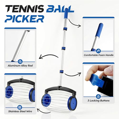 Tennis Ball Picker with Storage Bag - Adjustable Handle, No Bending