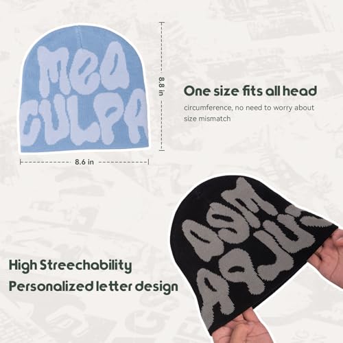 Y2K Knit Beanie Hat - MEA Culpa Graphic - Gray Blue & Black Gray