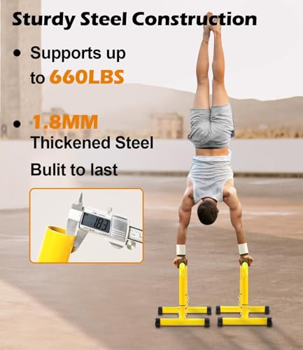 TABEKE 14'' Push Up Bar Parallettes with Full Foam Handle, Heavy-Duty Steel Dip Bar (Yellow)