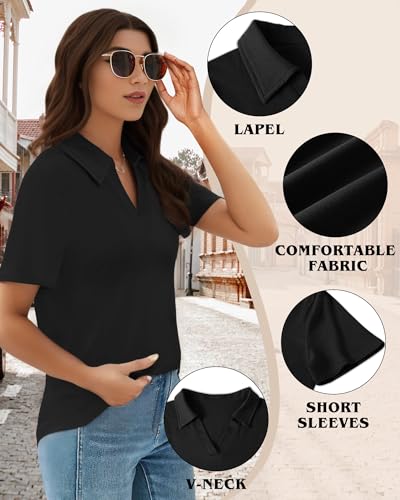 V-Neck Business Casual Polo Shirt for Women - Black, XXL