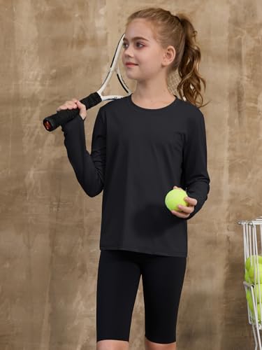 ZDC Girls Long Sleeve Athletic Tee 9-10 Years Black Quick Dry Sports Top