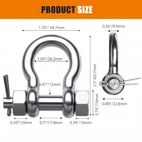 316 Stainless Steel Bow Shackle - Heavy Duty 3/8 Inch with Cotter Pin