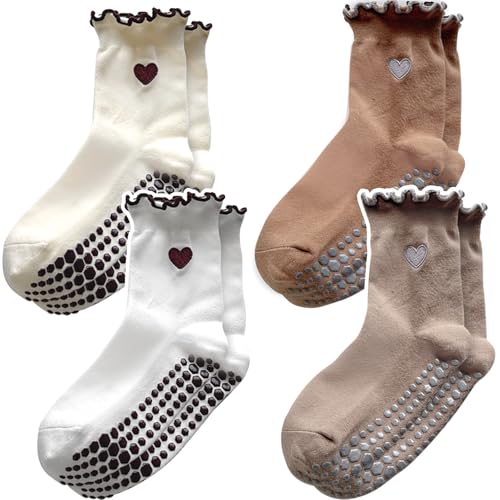 Pilates Socks with Grips for Women - 4 Pairs, Beige+White+Khaki+Dark Brown