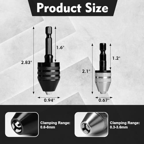 2Pcs Keyless Drill Chuck Adapter Set, 1/4" Hex Shank Quick Change (0.3-8mm) ? Fits Impact Drill & Power Tools, Carbon Steel, for Milwaukee, DeWalt, Makita (2-Piece)
