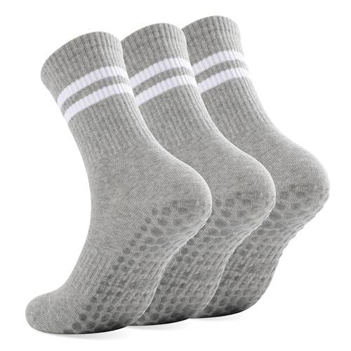 Non-Slip Pilates Socks with Grips for Women - 3 Pair Grey Cotton