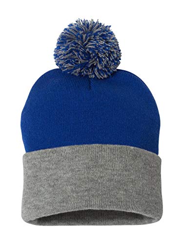 Pom Pom Knit Cap - Royal/Heather Grey, One Size