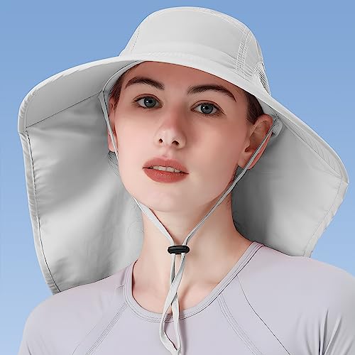 Wide Brim UV Protection Sun Hat - Foldable Waterproof Bucket Hat with Neck Flap - One Size, Light Grey