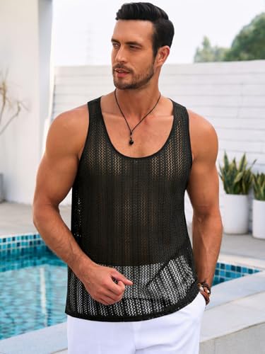 Mens Sleeveless Tank Top - Knitted Casual Hollow Out - Medium Black