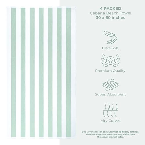 American Soft Linen 4-Piece Cabana Striped Beach Towels 30x60in Mint – Oversize Quick Dry Sand-Free