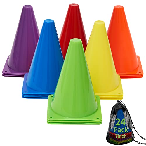 Agility Training Cones Set - 24 Pack 7 Inch Multi-Color for Soccer, Football & Basketball - Purple, Red, Orange, Blue, Yellow, Green