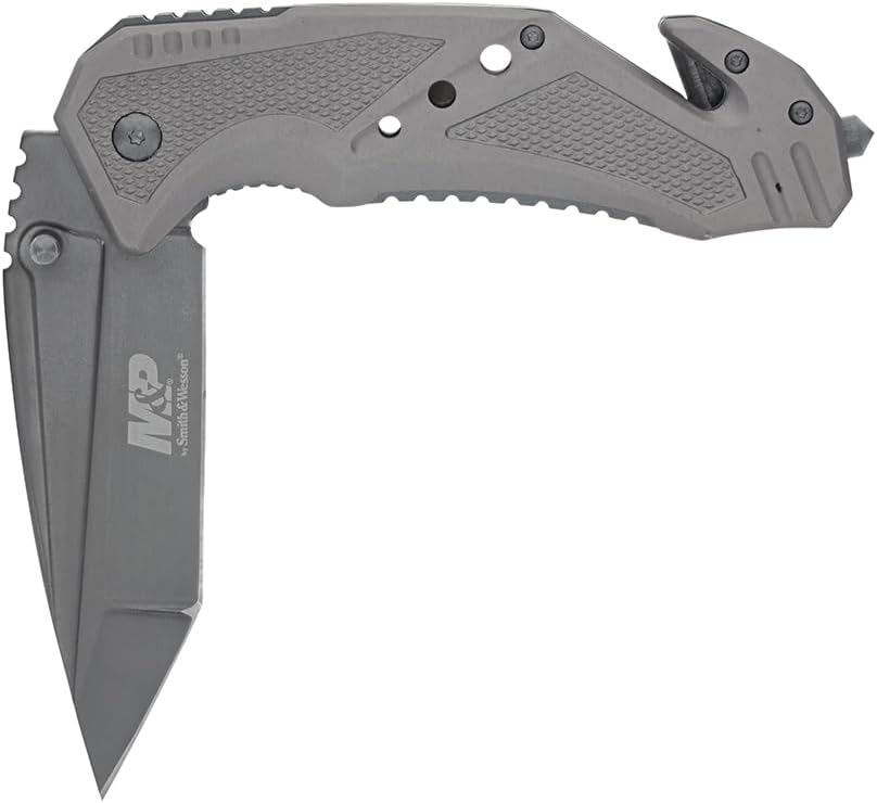 Smith & Wesson M&P Folding Knife - 8.9in High Carbon Stainless Steel with 3.8in Tanto Blade | Grey Aluminum Handle for Outdoor & Tactical Use