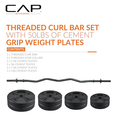 CAP Barbell Threaded Curl Bar Set with 50 LB Cement Grip Plates for Home Gym