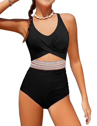 Girls Color Block One-Piece Swimsuit - Criss Cross V-Neck - Black 9-10Y