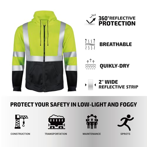 High Visibility Hoodie for Men, Class 3 Reflective Zippered Hoodie Sweatshirt, Construction Work Safety Jacket