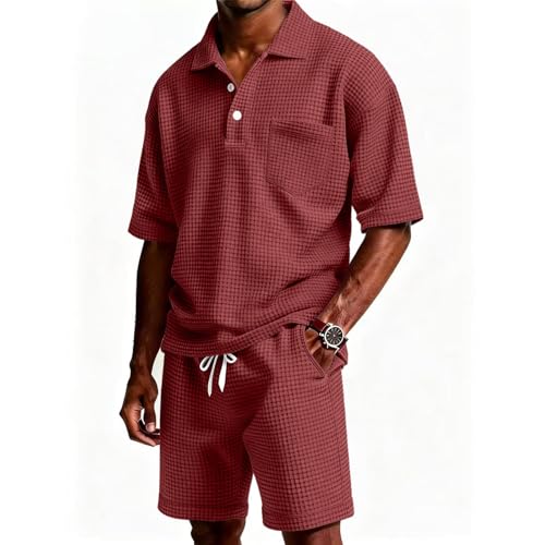 Men's Waffle Knit Polo Shirt and Shorts Set - Watermelon Red, 4X-Large