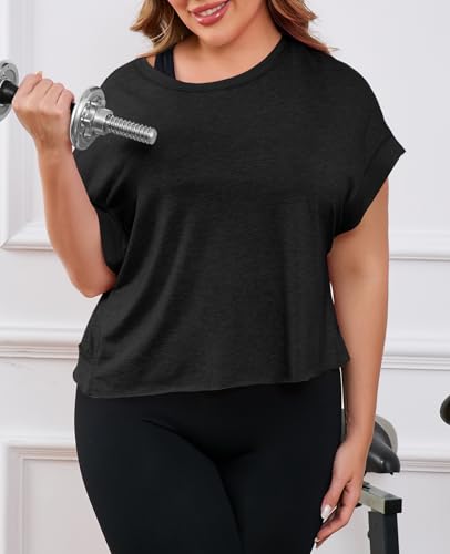 Fisoew 3X-Large Black Women's Plus Size Open Back Workout Top - Backless Athletic Shirt