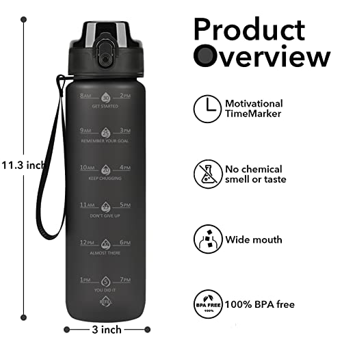 Black 32oz Motivational Water Bottle with Time Marker & Strap - BPA-Free Leak-Proof