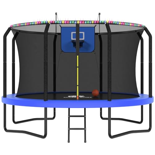 14FT Outdoor Trampoline with Net, Basketball Hoop & LED Lights - Blue