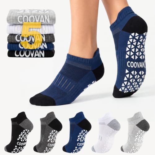 COOVAN Mens Grip Ankle Socks Non-Slip Yoga Socks Small-Medium Multicolor 5 Pairs