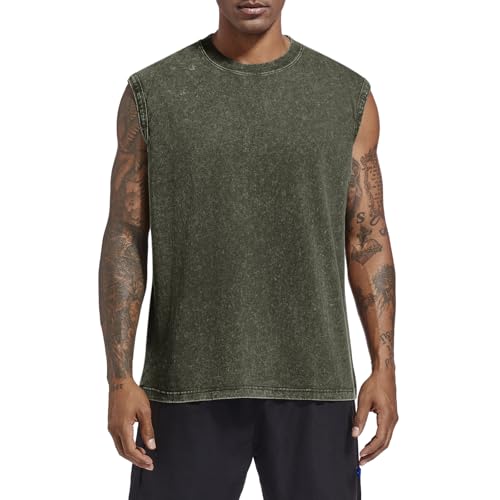 Mens Cotton Workout Tank Top - Acid Wash Sleeveless Tee, XX-Large A-army Green