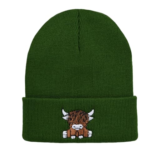 Yak Embroidery Stretch Knit Beanie Hat - Army Green