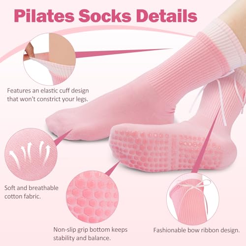 Grippy Pilates Crew Socks for Women - Cotton Anti-Slip - Magenta/Pink/White