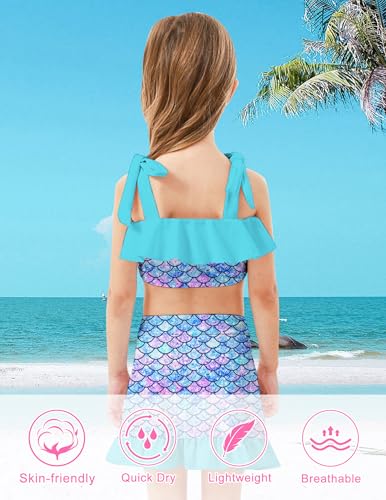 ALISISTER Girls 3-Piece Swimsuit Set with Cover Up & Skirt - Mermaid Blue 5-6Y